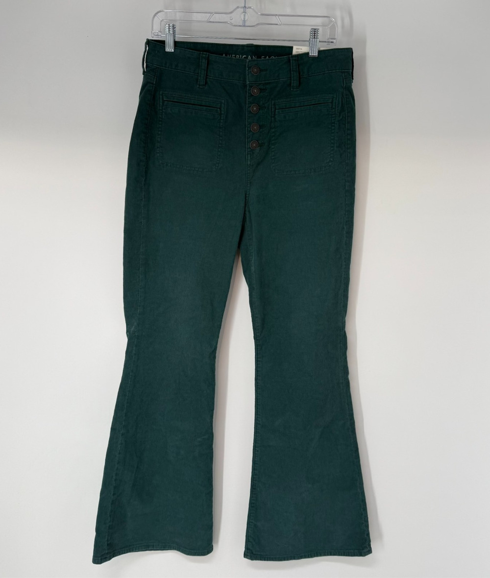 NWT American Eagle Super Hi Rise Flare Corduroy Pants Women 10 Green Button Fly